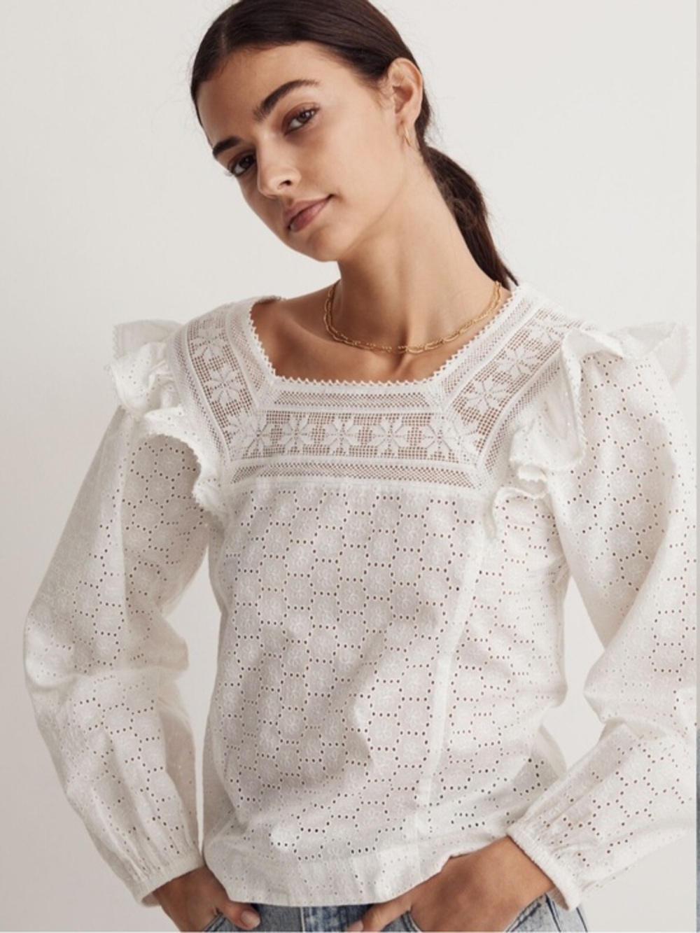 Madewell White Eyelet Square-Neck Ruffle-Sleeve Blouse Top size L